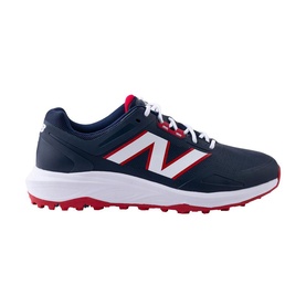 New Balance trainer in navy blue with white N logo, red sole detail, and spikeless outsole on white background
