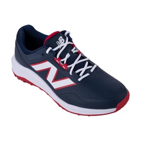 New Balance golf trainer in navy blue with white N logo detail, red accents, white laces and red sole