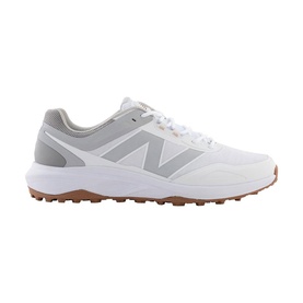 New Balance Golf men's white golf shoe with grey N logo, lace-up, smooth upper, and gum-tone spikeless outsole.