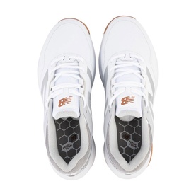 New Balance Golf mens white leather golf shoes, top-down view showing laces, rose gold logo branding and hexagonal insole pattern
