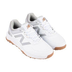 New Balance Golf mens white leather golf shoes with silver chevron detail, rose gold logo and tan rubber sole
