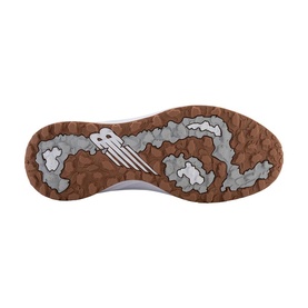 New Balance Golf mens white golf shoe sole view, featuring grey camo-style pattern and tan rubber outsole with NB logo.