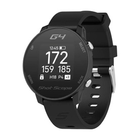 Shot Scope G4 GPS golf watch in black with silicone strap, displaying yardage data on round digital screen