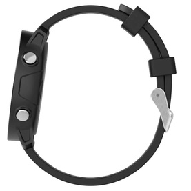 Black smartwatch side profile view, showing black silicone strap with silver pin buckle and square case edge detail