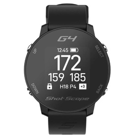 Shot Scope G4 GPS golf watch in black, displaying yardage data on screen, with black silicone strap