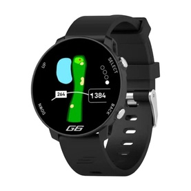 Shot Scope G6 GPS golf watch in black, round dial displaying course map, black silicone strap, silver crown button
