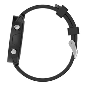 Shot Scope GPS golf watch in black, side profile view showing silicone strap, silver buckle clasp and compact sport casing detail.