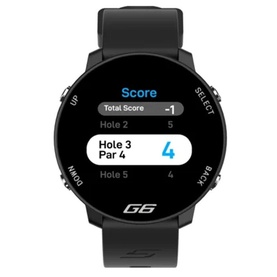 Shot Scope G6 GPS golf watch in black, display showing scorecard with hole-by-hole scoring interface