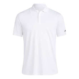 Adidas Golf white short-sleeve polo shirt with three-button placket, ribbed collar, and logo detail on cuff