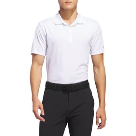 Model wearing Adidas Golf Core Performance Polo Shirt in white with polo collar and three-button fastenings, styled with black trousers and belt.