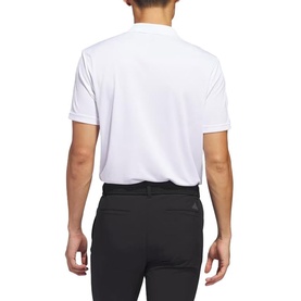 Model wearing Adidas Golf Core Performance Polo Shirt in white, shown from rear, styled with black trousers. 100% polyester.