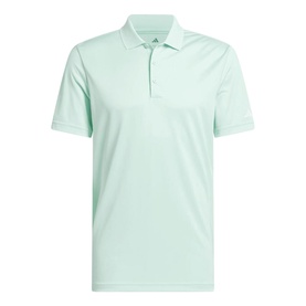 Adidas Golf polo shirt in Clear Mint, short sleeve with three-button placket and ribbed collar, plain fabric with subtle texture