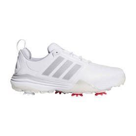 Adidas Golf men's golf shoe in white and silver metallic, leather upper, spiked white sole with red accents