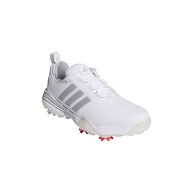 Adidas Golf men's golf shoe in white and silver metallic, BOA lace system, spiked white sole with red accent cleats