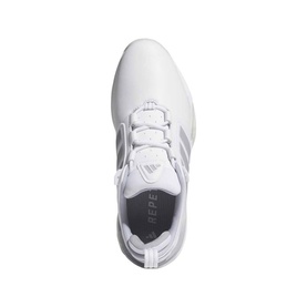 Adidas Golf shoe in white and silver metallic, top-down view showing lace-up upper with tonal branding and textured toe box.