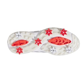 Adidas Golf shoe sole in white and silver, with red spiked cleats and textured outsole for grip.