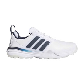 Adidas Golf men's golf shoe in white and collegiate navy, three-stripe detail, spikeless rubber sole, lateral view.