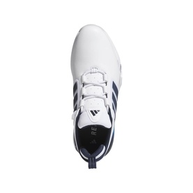 Adidas Golf men's golf shoe in white and collegiate navy, overhead view showing lace closure, three-stripe branding and cushioned insole.