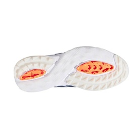 Adidas Golf men's golf shoe sole in white, navy and lucid orange, showing textured outsole with coral spike pattern.