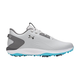 Under Armour men's golf shoe in grey with teal spiked outsole, grey heel counter, and lace-up fastening