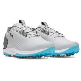 Under Armour men's golf shoes in Grey 011, featuring cyan spiked outsole, grey upper with black UA logo and lace-up fastening