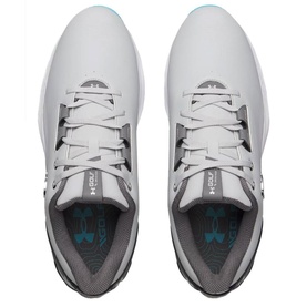 Under Armour men's golf shoes in Grey 011, overhead view showing lace-up front, teal sock liner, and grey outsole with traction detail.