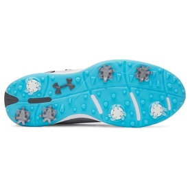Under Armour men's golf shoe sole view in Grey 011, showing blue outsole with grey and white cleats and UA logo.