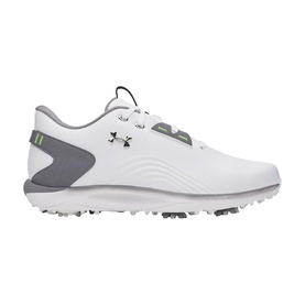 Under Armour men's golf shoes in white with grey heel panel, silver logo, spiked rubber sole and lace-up fastening.