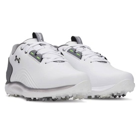 Under Armour men's golf shoes in white, featuring grey heel counter, lace-up fastening, and white spiked outsole.