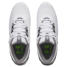 Under Armour men's golf shoes in white, top-down view showing lace-up design, grey insole and green UA logo branding.