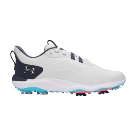 Under Armour men's golf shoe in grey with navy heel counter, teal and pink cleated outsole, and lace fastening.