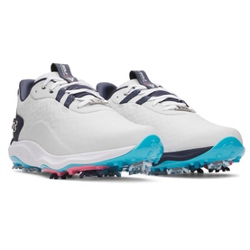 Under Armour mens golf shoes in grey with navy accents, teal spiked outsole and pink heel detail, shown as a pair