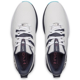 Under Armour men's golf shoes in gray, overhead view showing navy lining, blue heel accent, and white outsole with traction pattern.