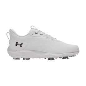 Under Armour white spiked golf shoe with silver cleats, lace-up fastening and embossed logo detail on side panel