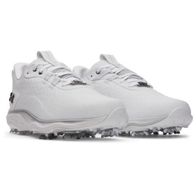 White Under Armour spiked golf shoes with tonal branding, lace-up fastening, and silver cleated outsole, shown as a pair.
