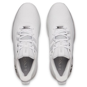 Under Armour white golf shoes, top-down view showing lace-up detail, silver logo branding and textured white sole edge