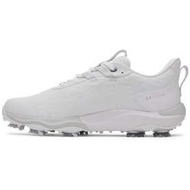 Under Armour white spiked golf shoe, lateral view, silver metal cleats and tonal branding on side panel