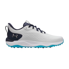 Under Armour golf shoe in white and navy with teal spiked outsole, lace-up fastening and logo detail on heel