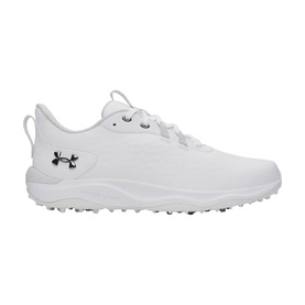 Under Armour white spikeless golf shoe with lace-up closure, smooth upper, and silver-tone logo detail on lateral side