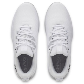 Under Armour golf shoes in white, overhead view showing lace-up front, grey insole detail and black branding logo
