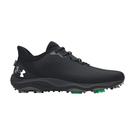 Under Armour golf shoe in black with green outsole, grey accents, spiked sole, and white logo branding on side