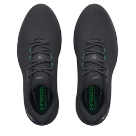 Under Armour HOVR Drive 2 golf shoes in black, top-down view showing lace-up design with green branding detail and dark sole.