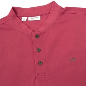 Calvin Klein Golf mauve polo shirt, collarless Mandarin neck, button placket, embroidered CK logo to chest