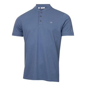 Calvin Klein Golf Denim Blue polo shirt with Mandarin collar, short sleeves, and button placket with CK logo detail
