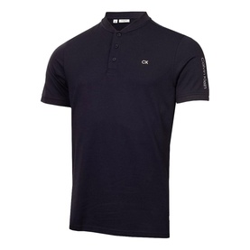 Calvin Klein Golf black polo shirt with mandarin collar, three-button placket, and CK logo on chest and sleeve