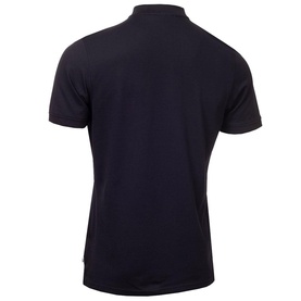 Navy short-sleeve polo shirt, rear view, featuring a stand collar and clean back seam detail in piqu&eacute; fabric