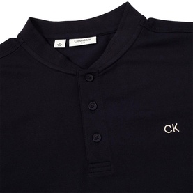 Calvin Klein navy polo shirt with band collar, three-button placket, and embroidered CK logo