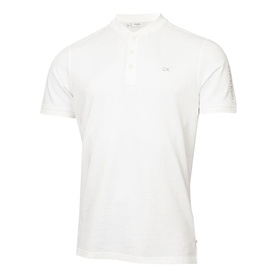 Calvin Klein white short-sleeve polo shirt with three-button placket and tonal logo embroidery on chest
