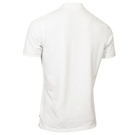 White short-sleeve polo shirt, rear view, with small logo detail at hem, clean minimal design