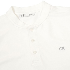 Calvin Klein white polo shirt with Grandad collar, three-button placket and embroidered CK logo detail